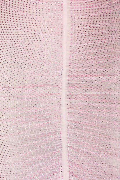 Hollow Mesh Rhinestone Sleeveless maxi Dress in pink