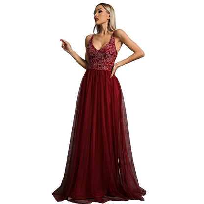 v-neck floral emdroidery patchwork tulle maxi dress in burgundy