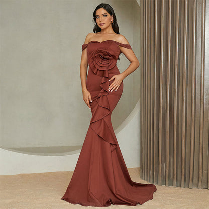3d flower ruffle strapless bodycon maxi dress