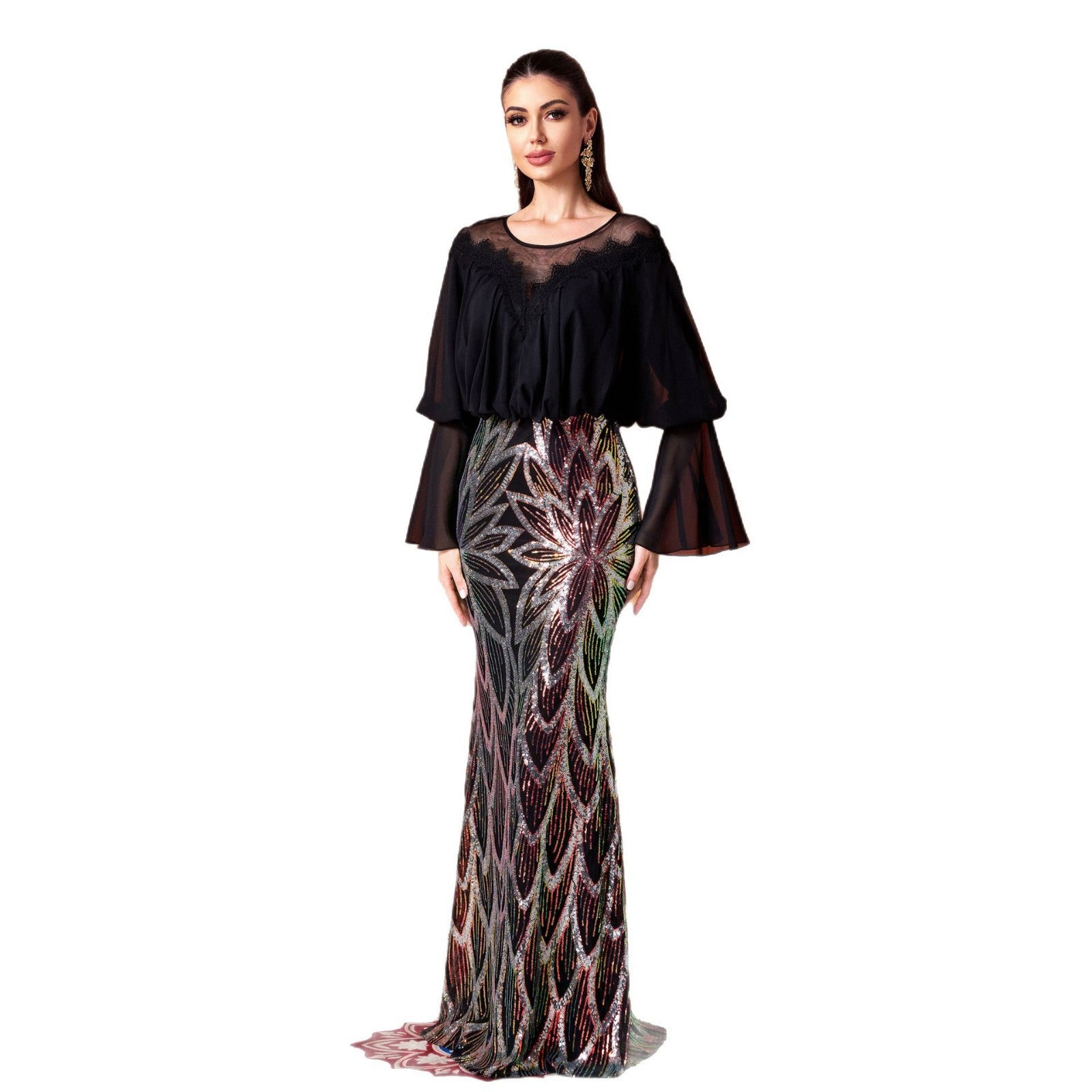 black Round neck hip-hugging sequined fishtail maxi dress