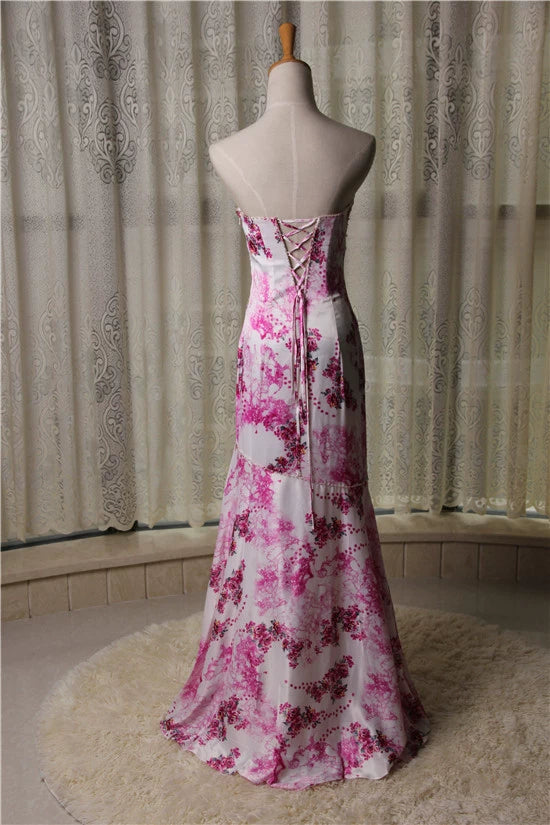 Cherry Blossom Printed Fishtail Strapless Evening Dress with Beading