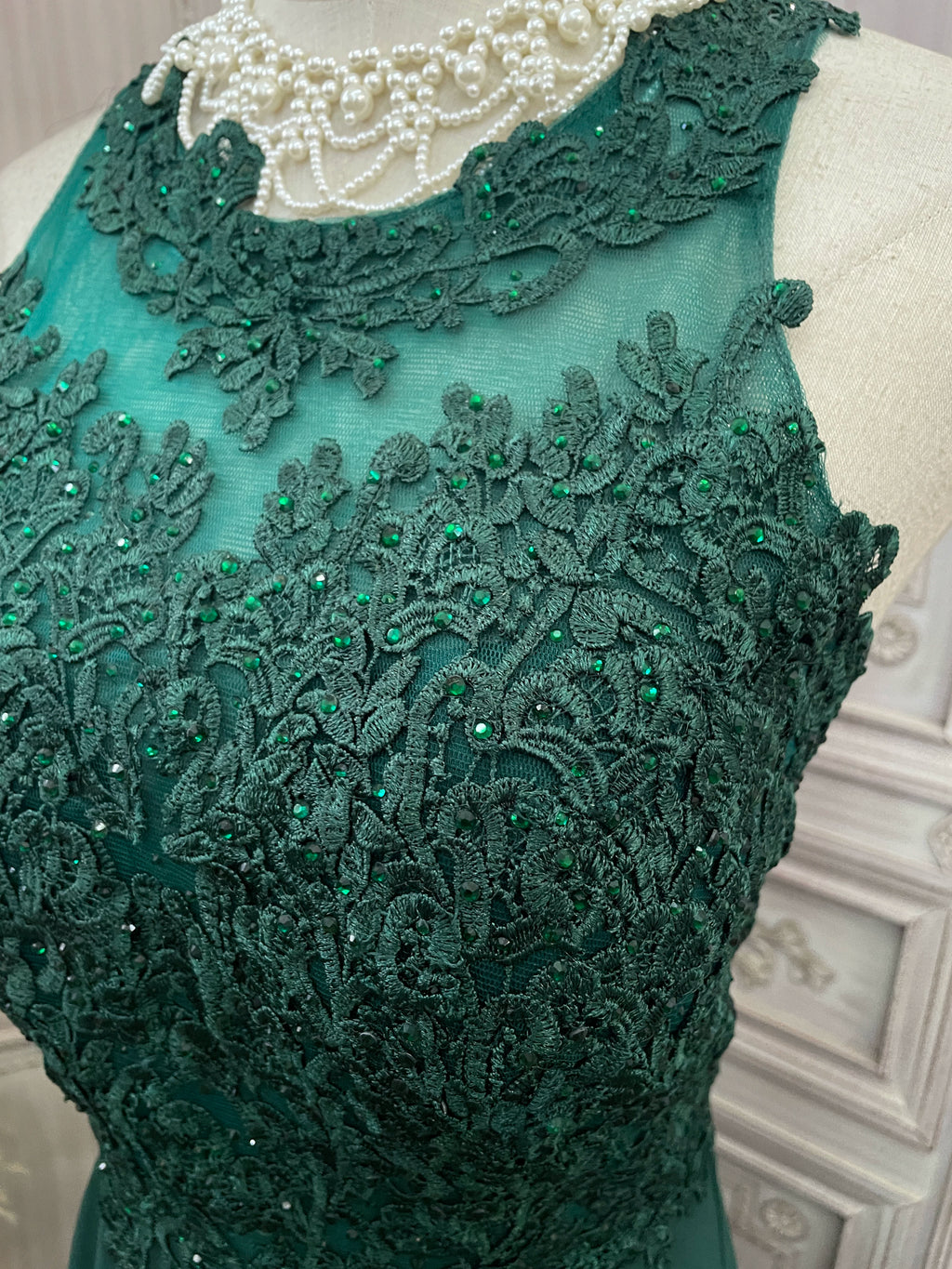 Dark green lace chiffon patchwork rhinestone long dress