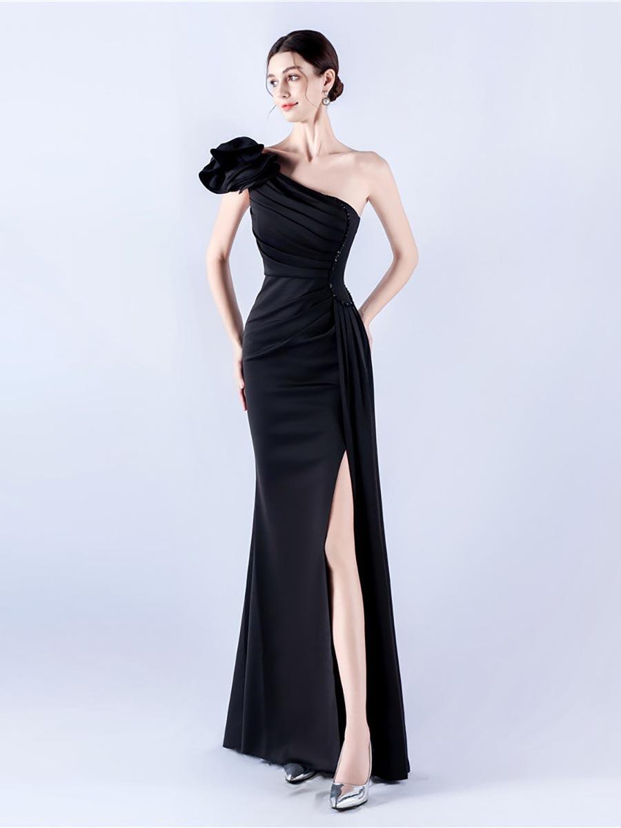 One Shoulder Flower Pleated Draped Prom Dress