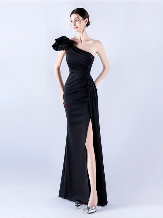 One Shoulder Flower Pleated Draped Prom Dress