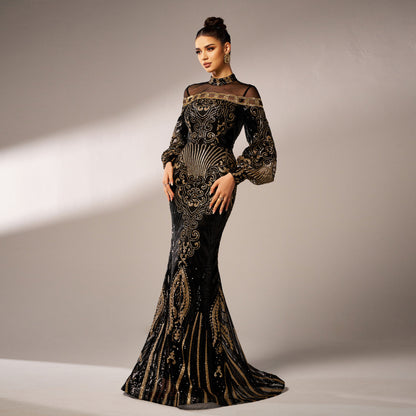 lily Round neck long sequined mesh fishtail evening dress