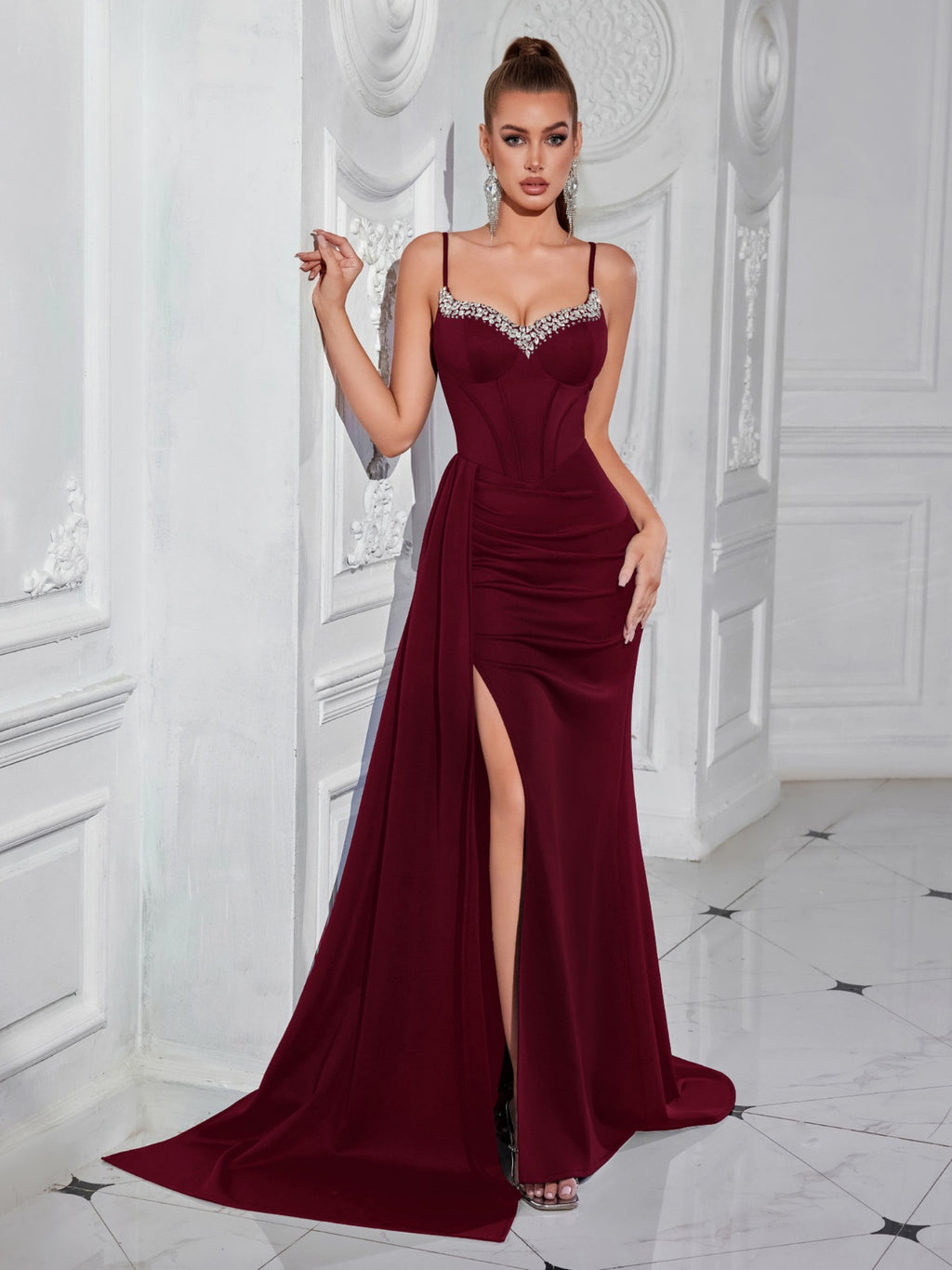 evelyn Rhinestones satin draped high slit maxi dress