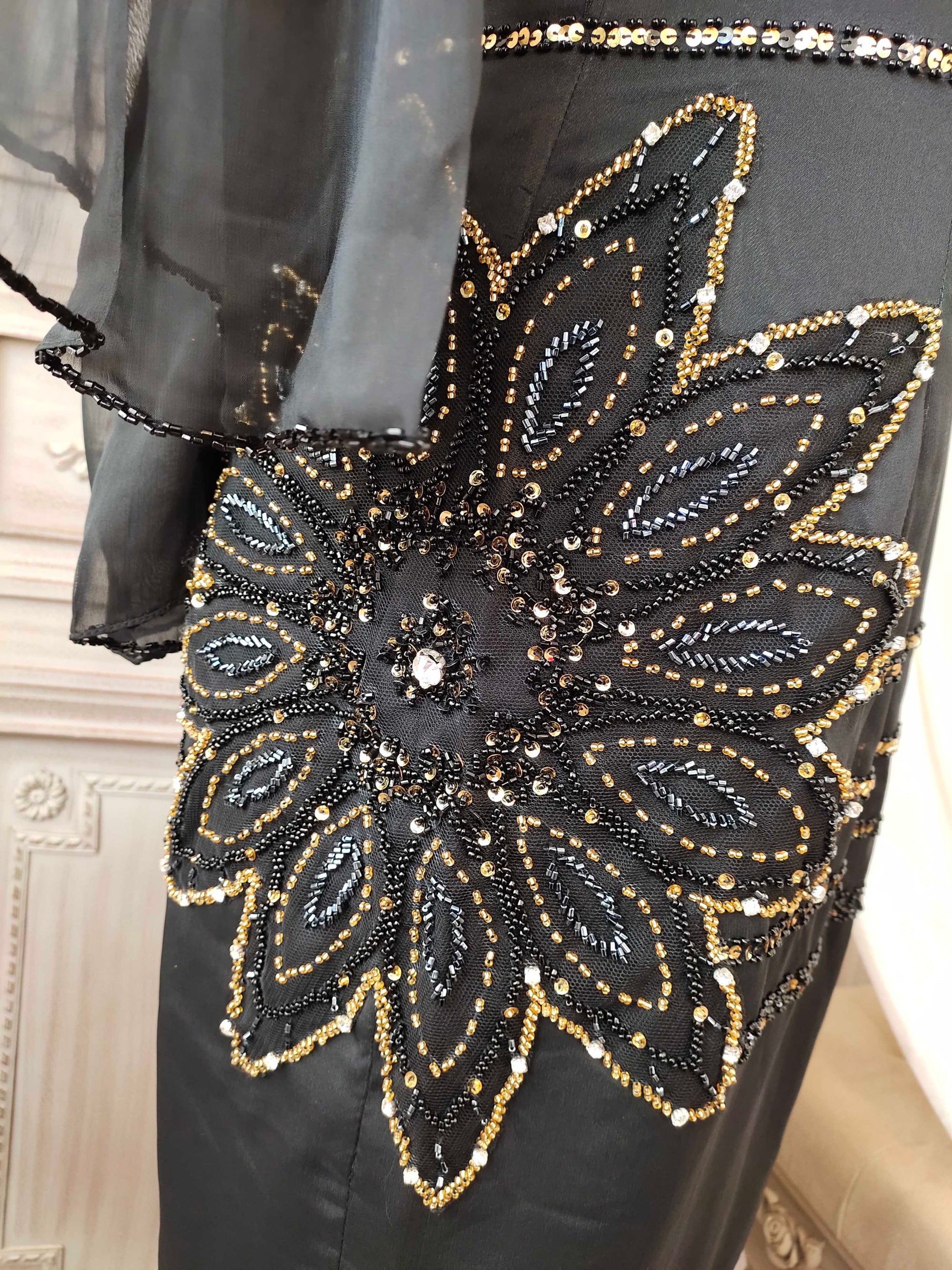 Black hand-beaded chiffon fishtail skirt