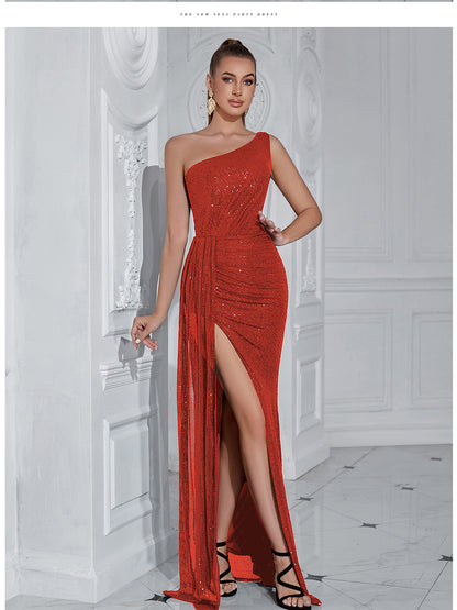lily Sequined one-shoulder slit maxi dress