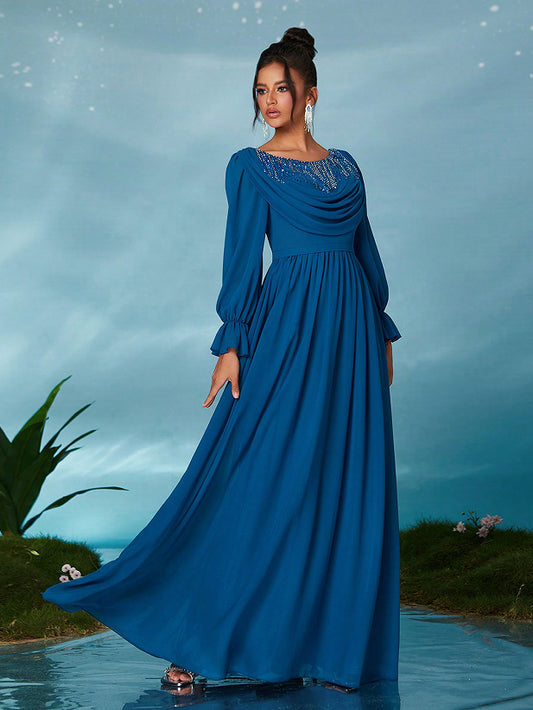 lace trim chiffon lantern sleeve maxi dress in blue