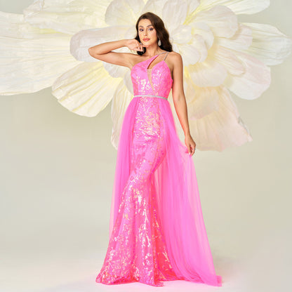 One-shoulder asymmetrical neckline sequined mesh dress
