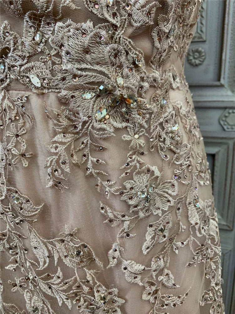 Apricot-colored organza embroidered double-shoulder long evening dress