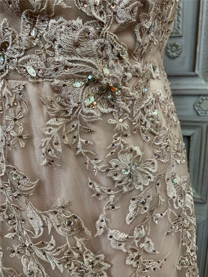 Apricot-colored organza embroidered double-shoulder long evening dress
