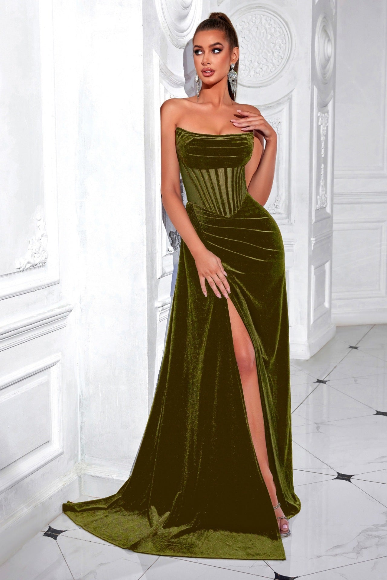 Velvet herringbone strapless evening maxi dress