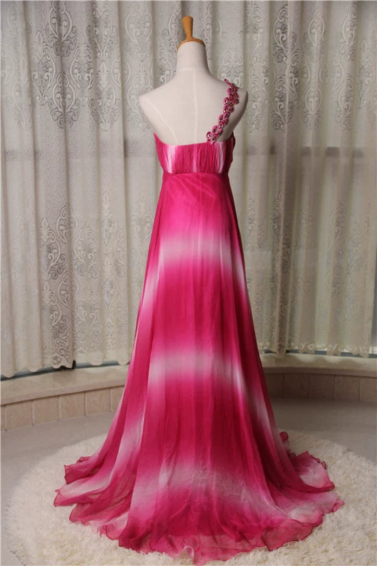 Rose red chiffon gradient one-shoulder evening dress