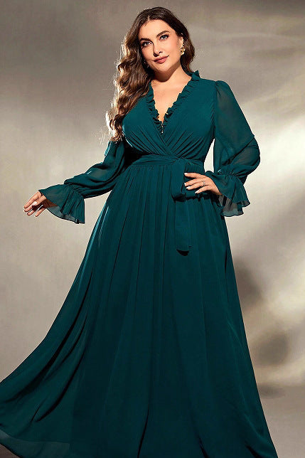 wendy v neck long sleeve chiffon maxi dress in green