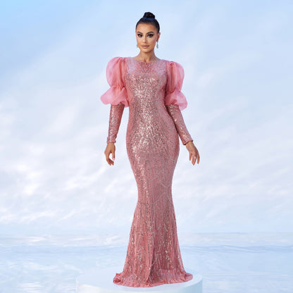 vivien sequin embellished puff sleeve bodycon maxi dress in pink