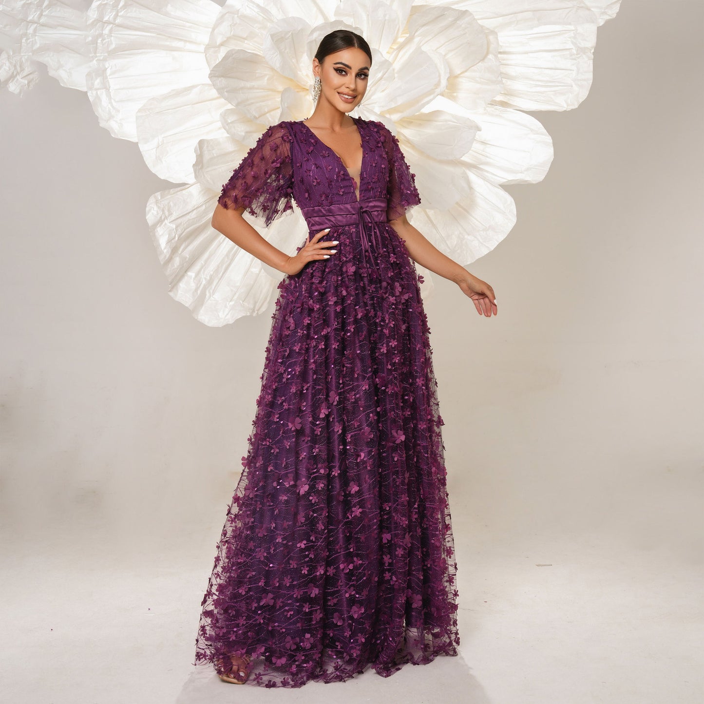 v-neck flower embroidery maxi dress in purple