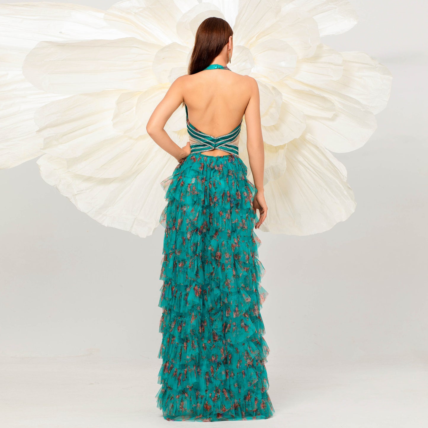 green floral print ruffle trim layer halter cutout maxi dress