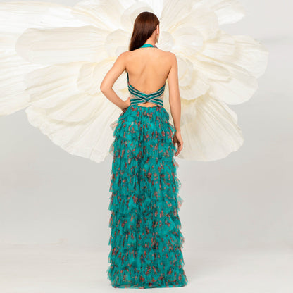 green floral print ruffle trim layer halter cutout maxi dress