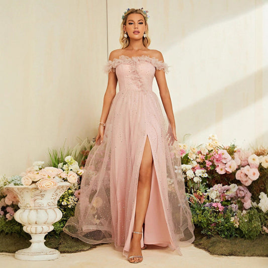 off shoulder flower trim sequin high slit maxi dress in pink