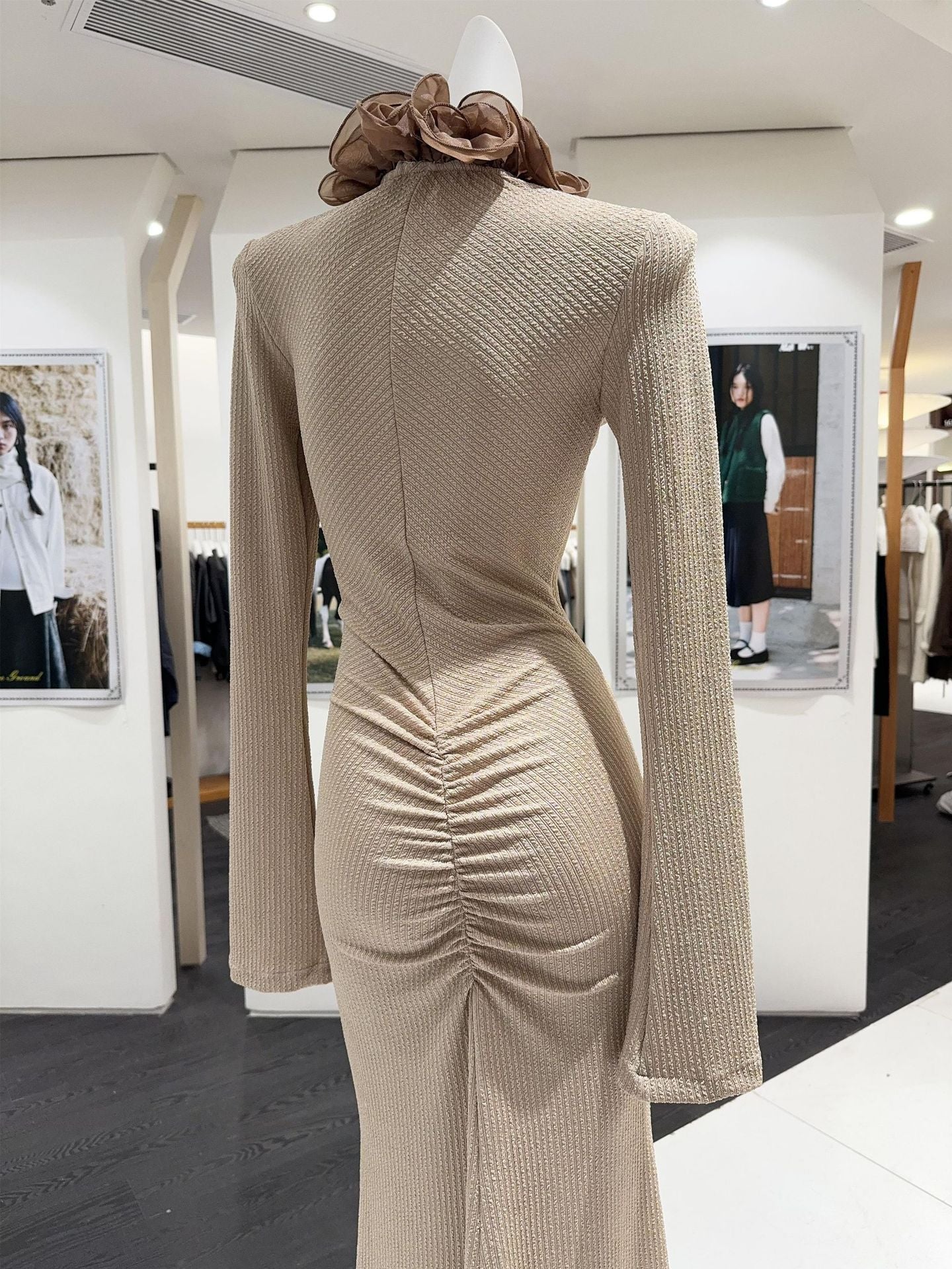 rachel Contour Long Sleeve Ruffle Knit Maxi Dress in pale brown