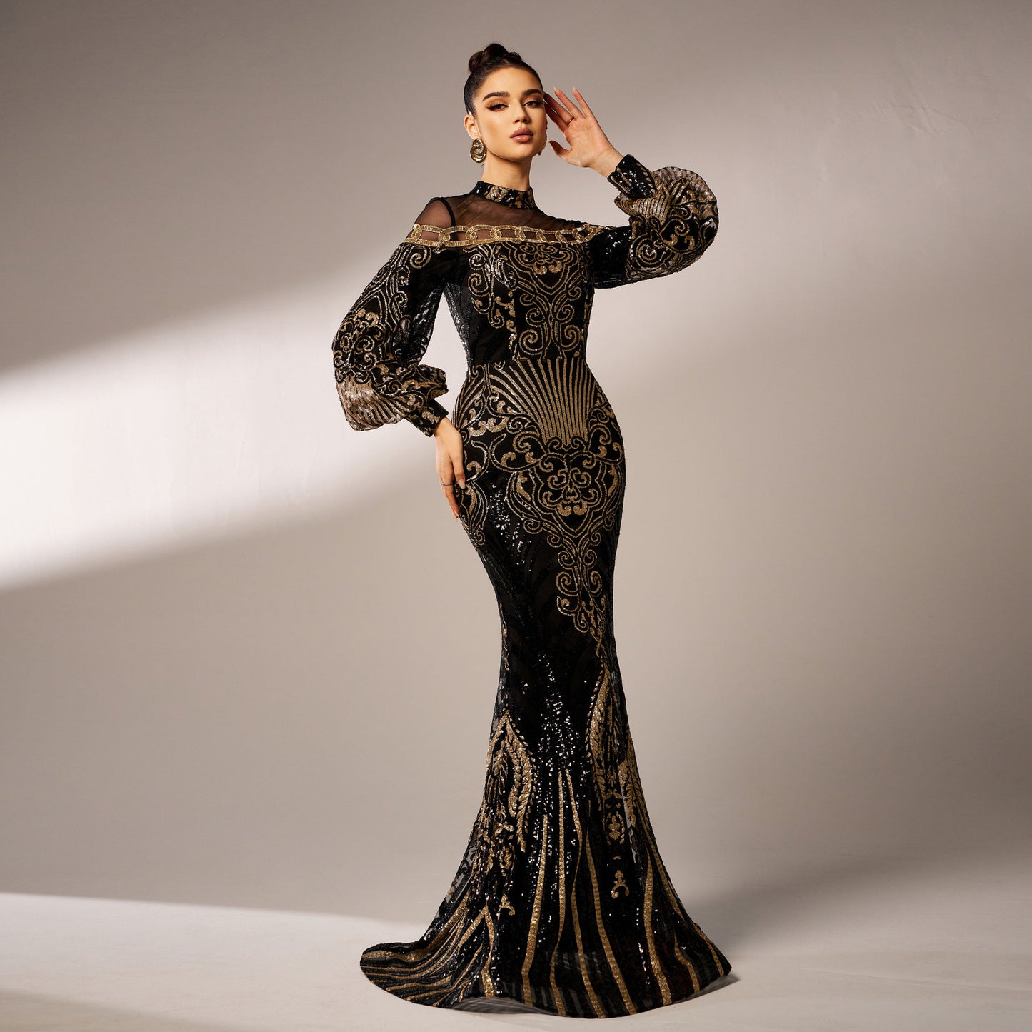 lily Round neck long sequined mesh fishtail evening dress