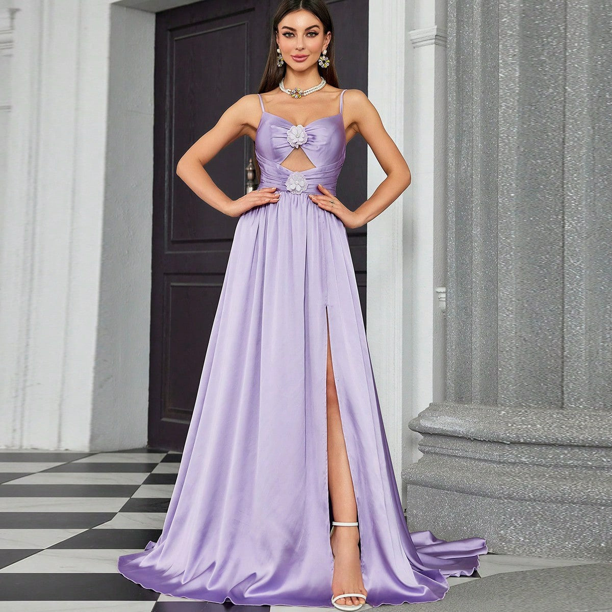flower embellished cutout chiffon maxi dress in purple
