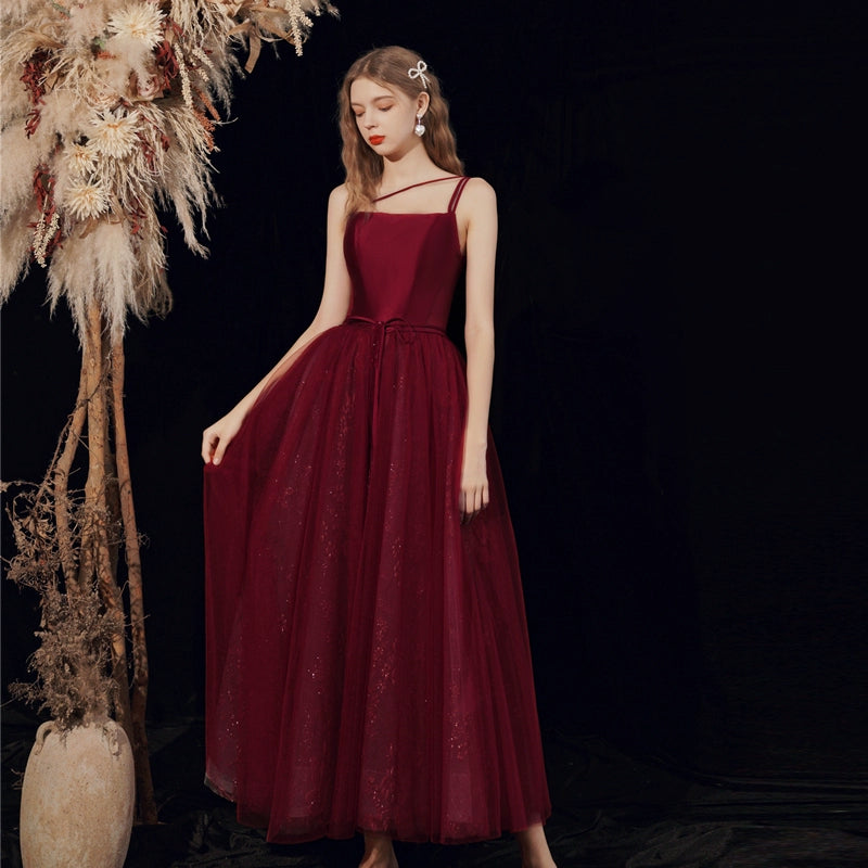 tara satin maxi dress in burgundy