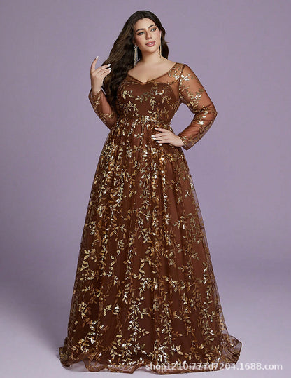 v neck sequin print long sleeve maxi dress in brown