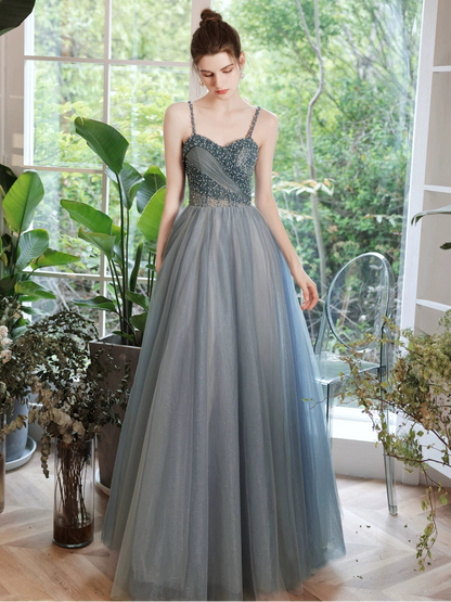 viven pearl embellished tulle maxi dress in blue