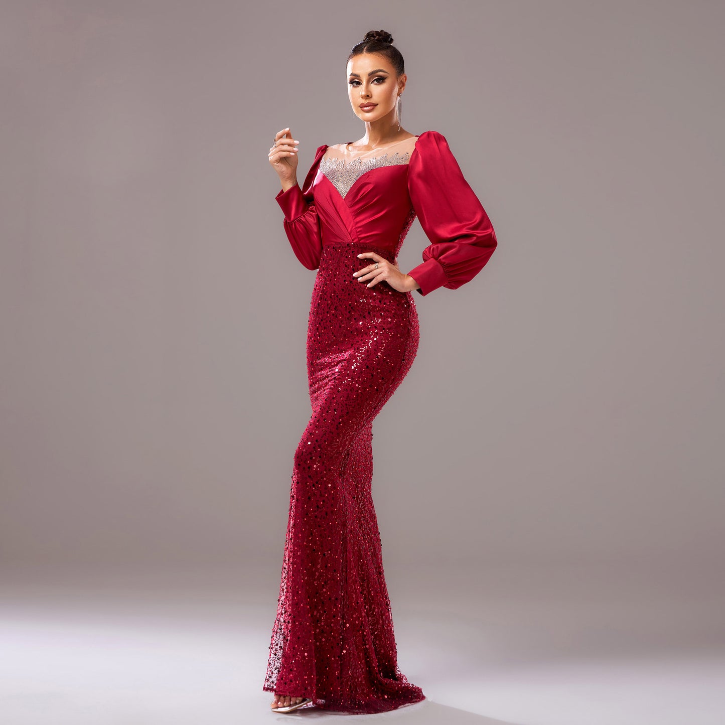 winifred sequin embellished lantern sleeve maxi dress  in burgundy