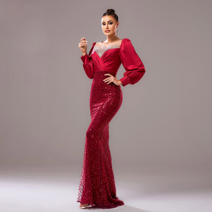 winifred sequin embellished lantern sleeve maxi dress  in burgundy