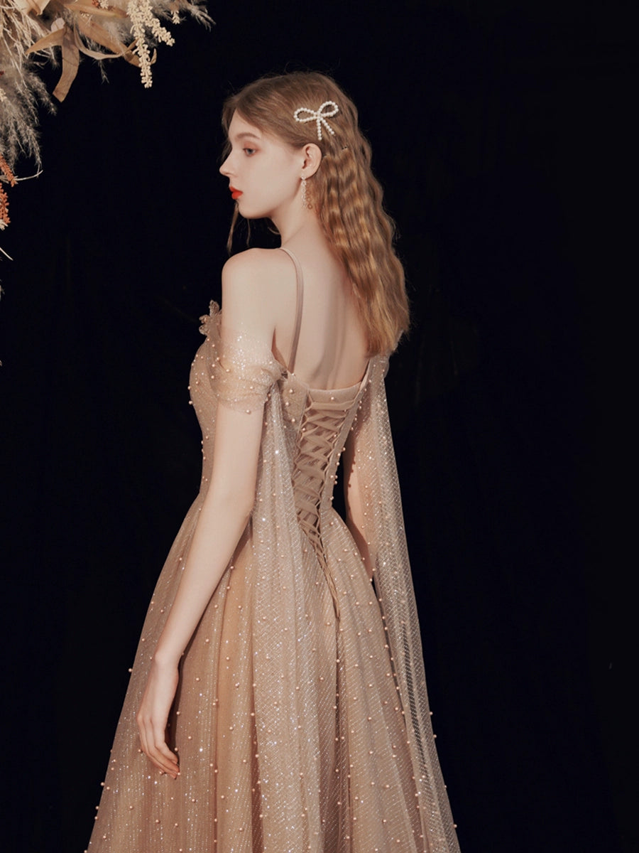 venus pearl embellished tulle maxi dress in brown