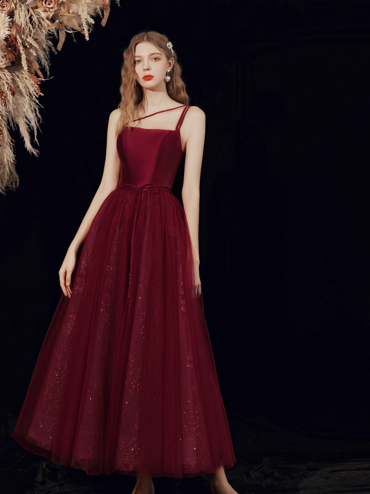 tara satin maxi dress in burgundy