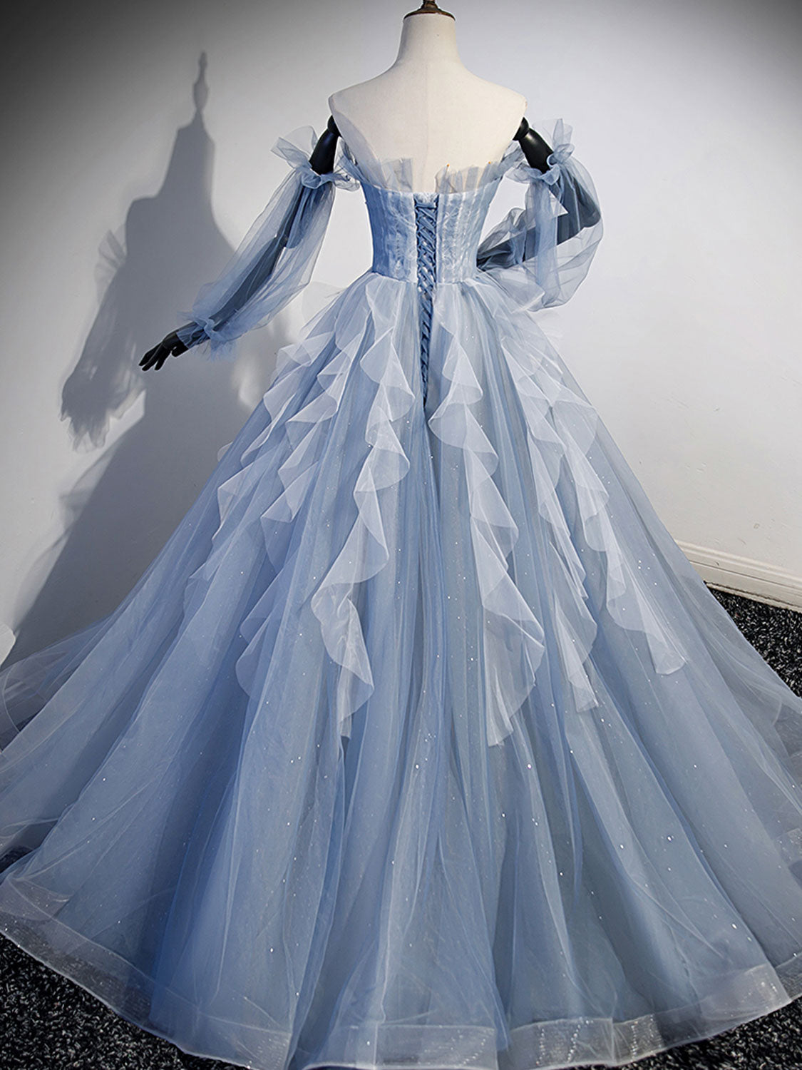 Abito da ballo lungo in tulle grigio blu a trapezio