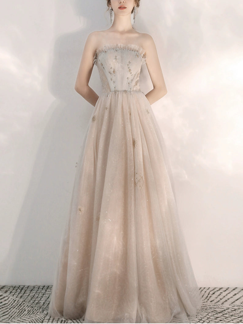 champagne sequin strapless maxi dress