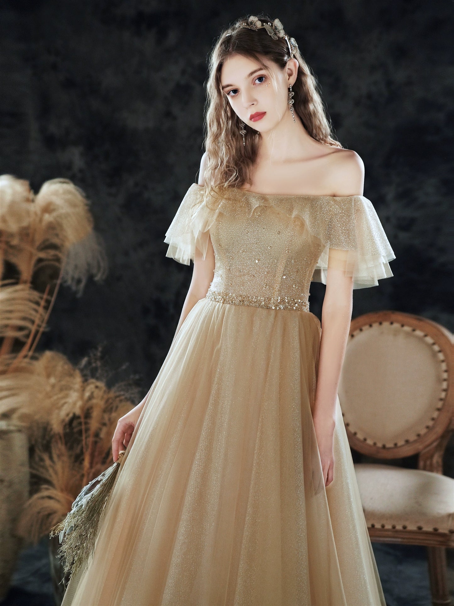 champagne ruffle detail sequin maxi dress