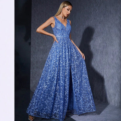 v-neck floral print sleeveless maxi dress in blue