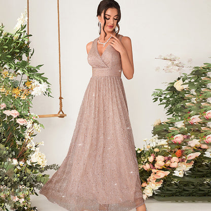 v neck sequin embellished tulle sleeveless maxi dress in pale pink
