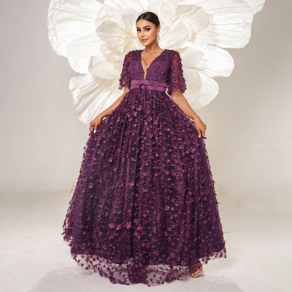 v-neck flower embroidery maxi dress in purple
