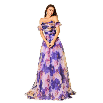 Strappy one-shoulder neckline waist-cinching printed swing evening dress