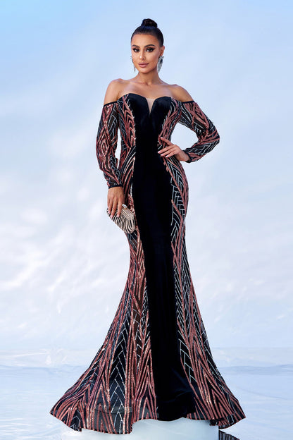 off shoulder sequin velvet maxi dress