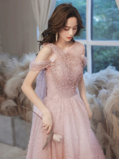 Pink one-shoulder pearl maxi tulle evening dress