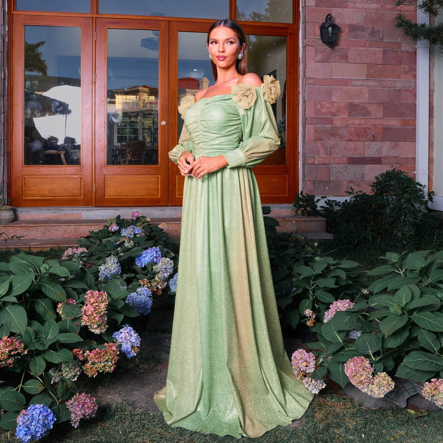gradient green off-shoulder flower lantern sleeve maxi dress