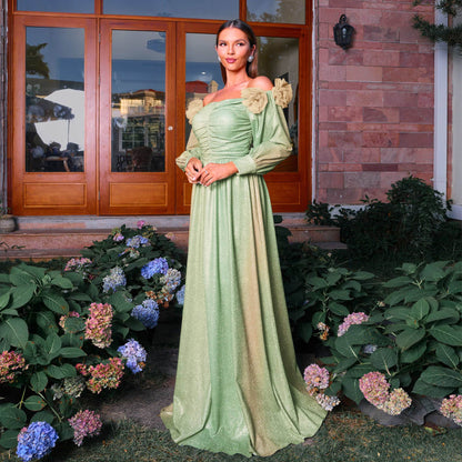 gradient green off-shoulder flower lantern sleeve maxi dress