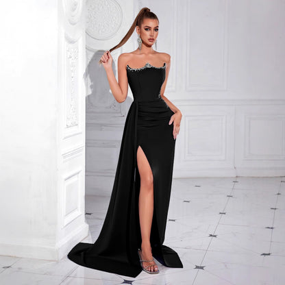 jamie Rhinestones strapless slit maxi dress