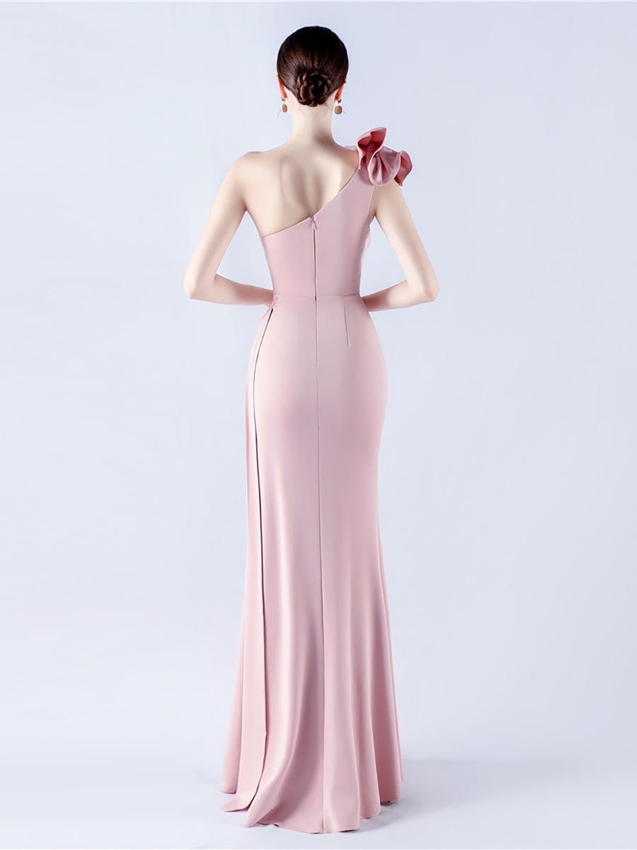 One Shoulder Flower Pleated Draped Prom Dress