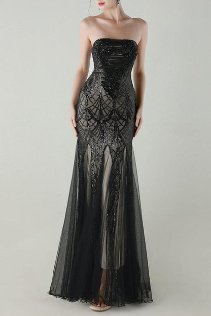 sequin strapless tulle maxi dress