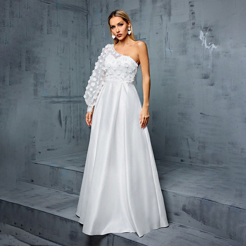 one shoulder flower applique maxi dress in white