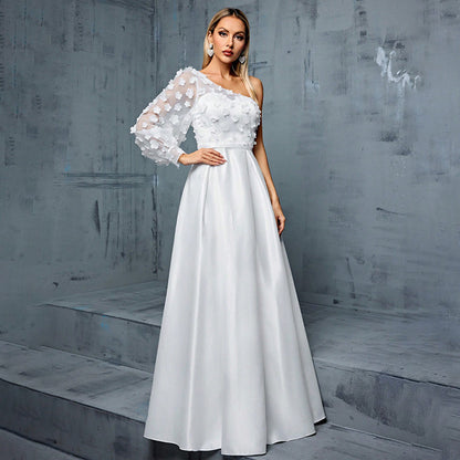 one shoulder flower applique maxi dress in white